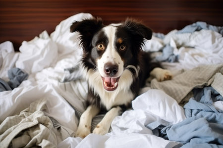 Cute dog lying guilty on bed in mess among torn paper and bed linen.の素材