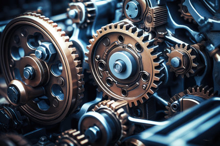 Engine with cogwheels and gears working. Industrial close-up.の素材