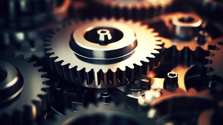 Engine with cogwheels and gears working. Industrial close-up.の素材