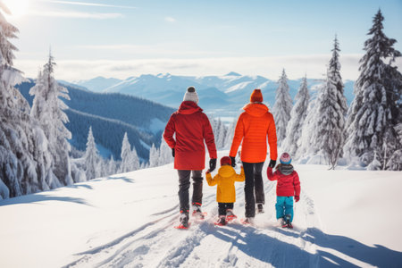 Happy family walking in winter mountains. Mother, father and two children.の素材