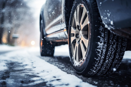 Car with new winter wheels and tires on snow.の素材