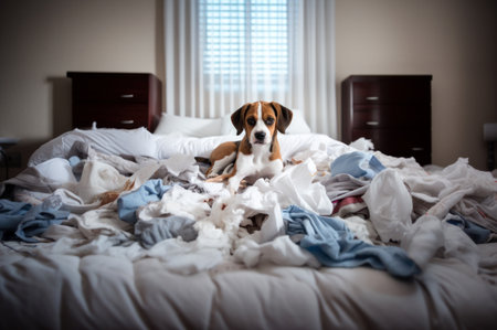 Cute dog lying guilty on bed in mess among torn paper and bed linen.の素材