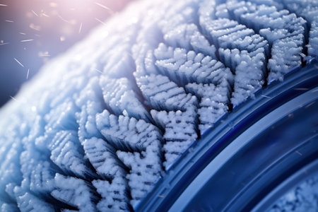 Close-up of quality winter tire covered in snow and frost.の素材
