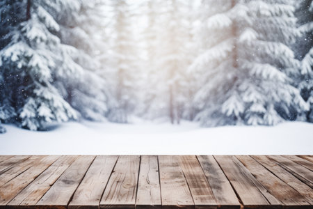 Empty wooden table on winter scenic nature with snow and trees.の素材