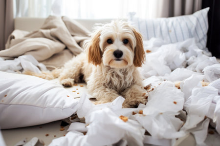 Cute dog lying guilty on bed in mess among torn paper and bed linen.の素材