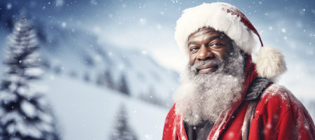 Smiling Afro American Santa Claus in winter Christmas scenery with snow falling.の素材