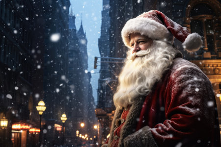 Santa Claus in the city at Christmas winter night.の素材