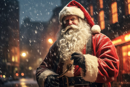 Santa Claus in the city at Christmas winter night.の素材