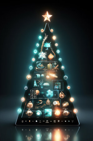Christmas tree hologram on virtual interface.の素材