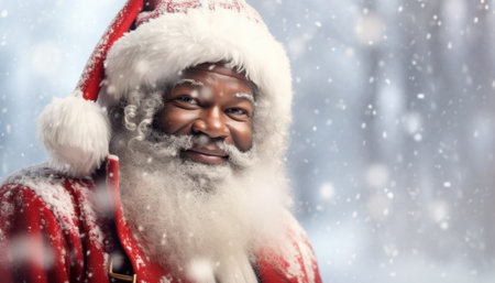 Smiling Afro American Santa Claus in winter Christmas scenery with snow falling.の素材