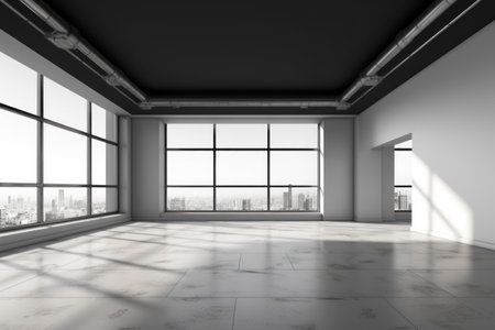 Spacious loft with sunlight and polished concrete floor.の素材