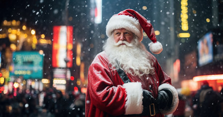 Santa Claus in New York City at Christmas winter night.の素材