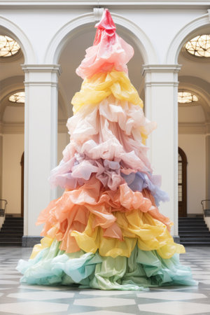 Christmas tree made of colorful recycled plastic bags.の素材