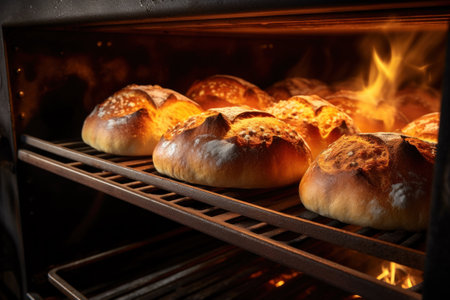 Fresh bread on the rack in a brick oven.の素材