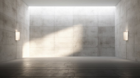 Light and shadows on raw concrete wall surface in minimalist space.の素材