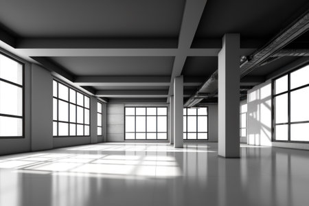 Spacious loft with sunlight and polished concrete floor.の素材
