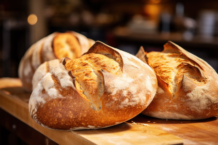 Close-up of crusty baguettes on bakery counter.の素材