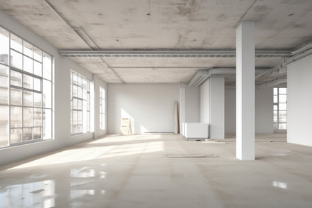 Spacious loft with sunlight and polished concrete floor.の素材