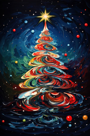 Christmas tree decorated with lights at night. Oil painting greeting card.の素材