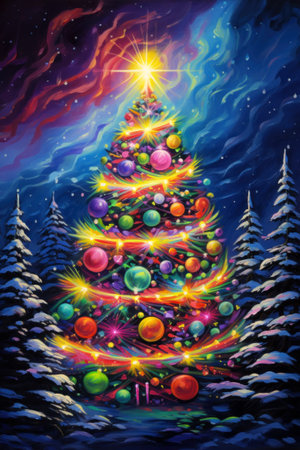Colorful digital illustration of christmas tree with lights and decoration.の素材