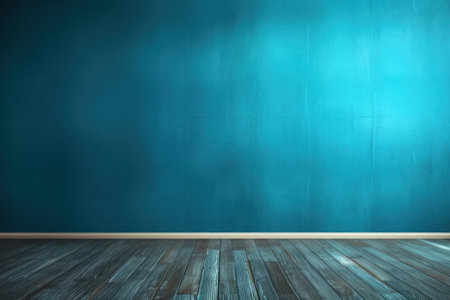 Empty room with blue wall and dark wooden floor.の素材
