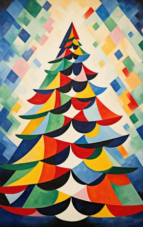 Retro Christmas tree full of colors, vintage style greeting card.の素材