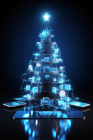 Christmas tree hologram on virtual interface.の素材