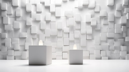 White cube installation with dynamic lighting and shadow.の素材