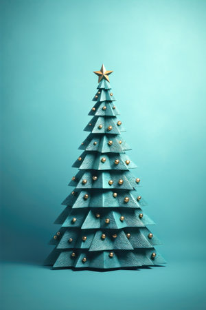 Christmas tree decorated with golden balls and stars.の素材
