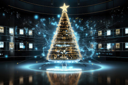 Christmas tree hologram on virtual interface.の素材