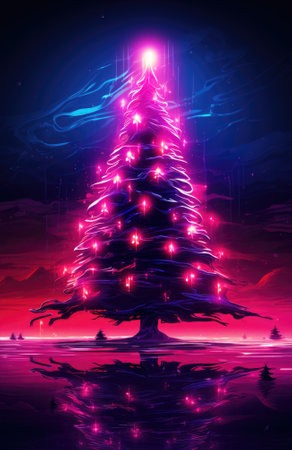 Christmas tree in synthwave style, neon colors.の素材