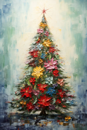 Decorated Christmas tree painting. Perfect for greeting cards.の素材