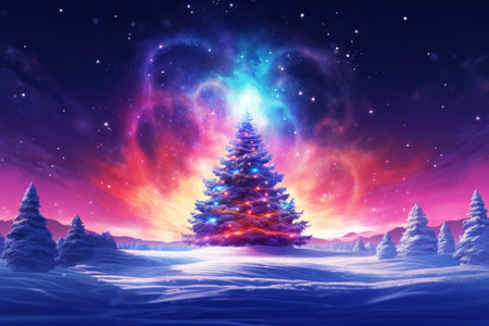 Christmas tree in winter landscape, neon colors.の素材