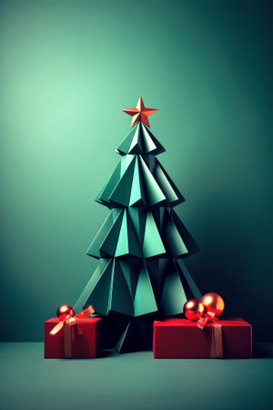 Gift and present under Christmas tree on green wall.の素材