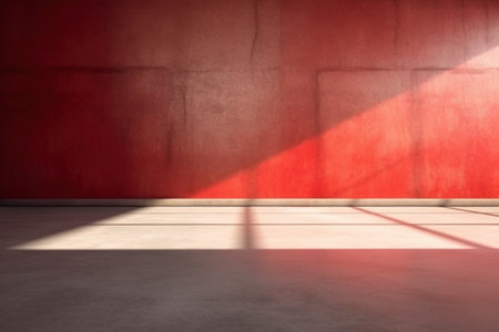 Red grunge concrete wall in sunlight. Empty industrial space.の素材