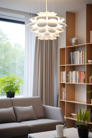 Minimalist living room with stylish white ceiling lamp.の素材