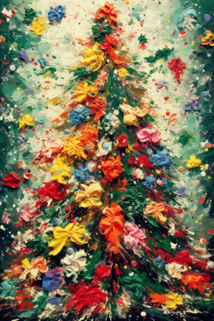 Vibrant painting of Christmas tree decorated with colorful decors.の素材