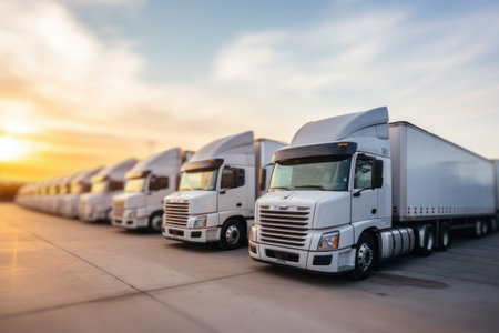 White trucks parked in row at golden hour.の素材