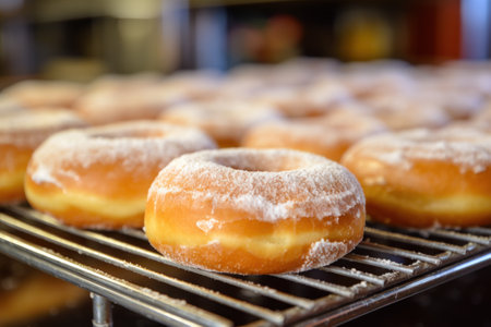 Fresh sugar dusted donuts on cooling rack in bakery.の素材