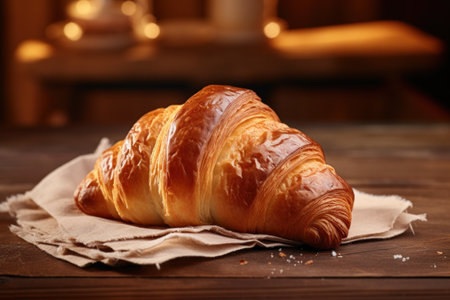 Single croissant on cloth over dark wooden background.の素材