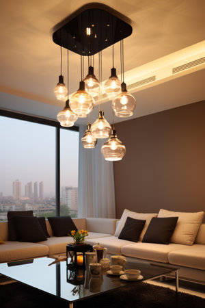 Modern living room with geometric ceiling lamp and city view.の素材