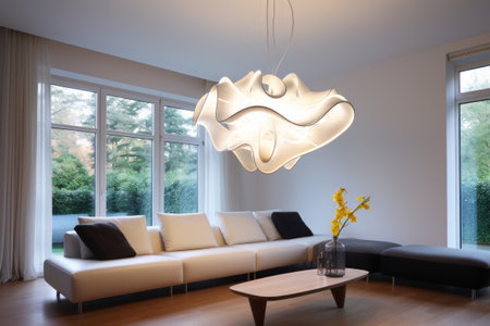Sleek white ceiling lamp in spacious living room.の素材