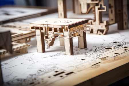 Miniature furniture model with design blueprints.の素材