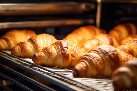 Shiny croissants lined up in bakery oven.の素材