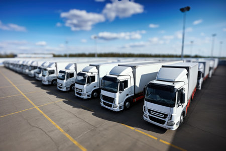 Semi trucks in a row at transportation hub facility.の素材