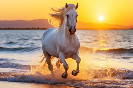 Silhouette of horse running at beach sunset.の素材