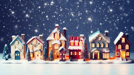 Toy houses in winter Christmas scenery with snow and lights.の素材