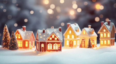 Toy houses in winter Christmas scenery with snow and lights.の素材