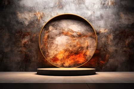 Circular abstract art installation on textured backdrop.の素材