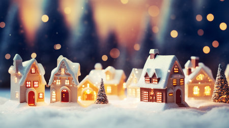 Toy houses in winter Christmas scenery with snow and lights.の素材